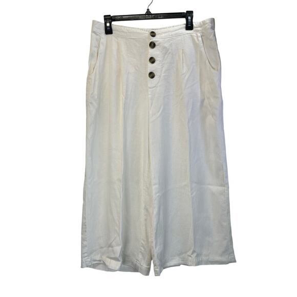 a.n.a ANewApproach Womens White L WideLeg Linen BlendPockets Button Crop Pants - Picture 1 of 8